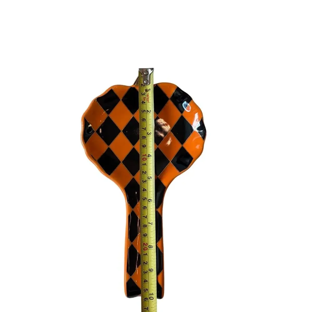 Black & Orange Harlequin Pumpkin Spoon Rest 10in Ceramic Checkered Halloween NEW